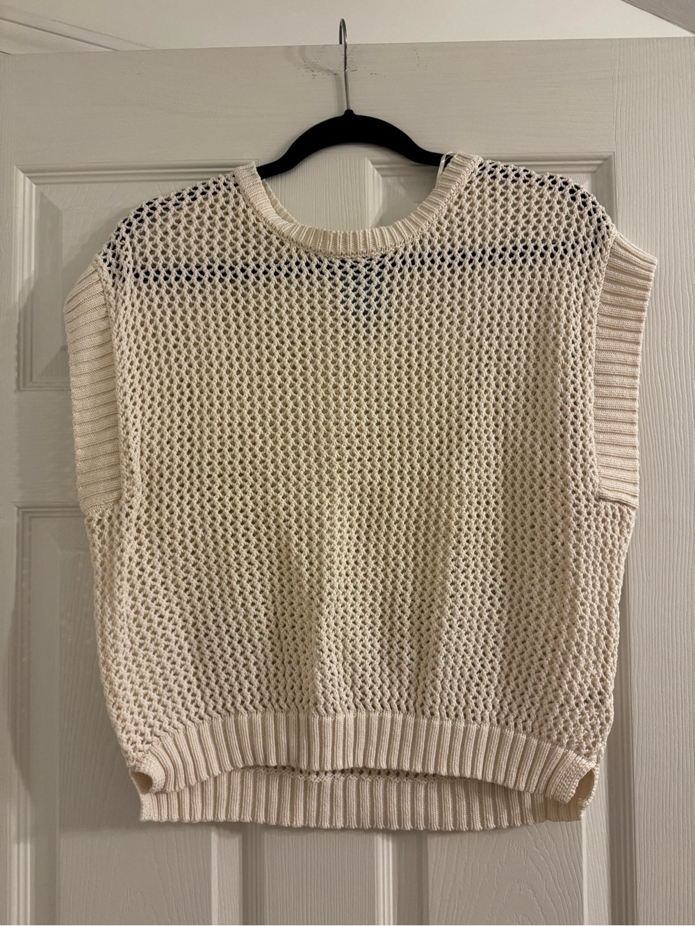 CeCe Open-Knit Crewneck Sweater Vest in Cream